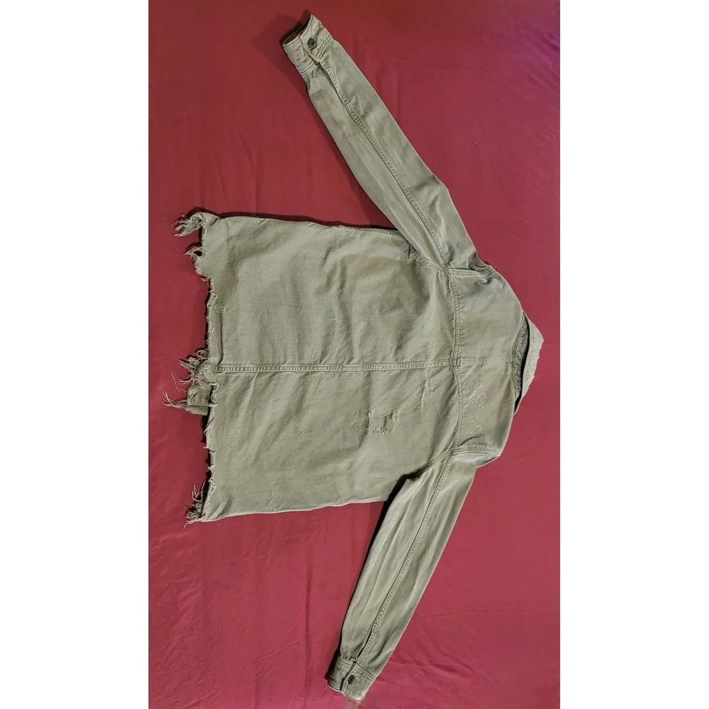 Free People Moonchild Denim Jacket Womens Large Army Green Distressed Size Small - Picture 11 of 14